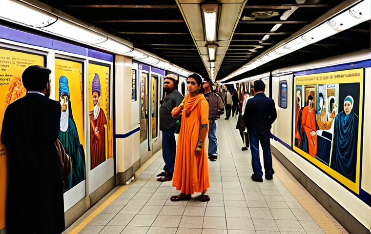 "The Soul of the City Reflected in Underground Art"**
"A bustling, aesthetically rich underground metro station in a historically significant city, possibly reminiscent of Lahore, Istanbul, or a European capital, during peak hours. The station walls are adorned with elaborate, large-scale murals and art installations that vividly depict the city's unique cultural heritage, historical events, and traditional motifs. People of all ages and backgrounds, dressed in everyday attire, are seen amidst the art; some are gazing thoughtfully at the detailed artworks, others are in casual conversation, pointing at specific elements, creating a 'living museum' atmosphere. The art is integrated seamlessly with the station's architecture, radiating a sense of deep history and community pride. Warm, inviting lighting from overhead fixtures highlights the art and the commuters. High detail, vibrant colors, authentic cultural representation, realistic photography style."
2. **Prompt for
