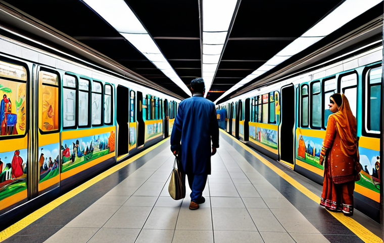 지하철 아트와 환경 디자인 - **

"A vibrant subway station adorned with colorful murals reflecting Pakistani culture, fully cloth...