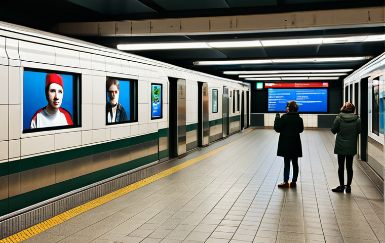 지하철 아트와 환경 디자인 - **

"A modern, eco-friendly subway station with a green roof and solar panels, commuters in modest c...
