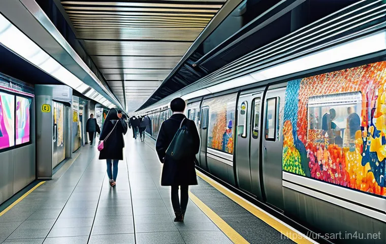 서울 지하철 벽화 예술가 - **Prompt 1: Vibrant Seoul Subway Art Station**
    "A bustling, modern subway station in Seoul, depi...