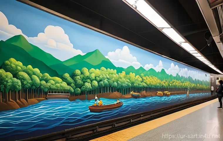 지하철 아트 공공미술의 정의 - **Prompt:** A vibrant, large-scale mural covering the entire side of an old, historically significan...