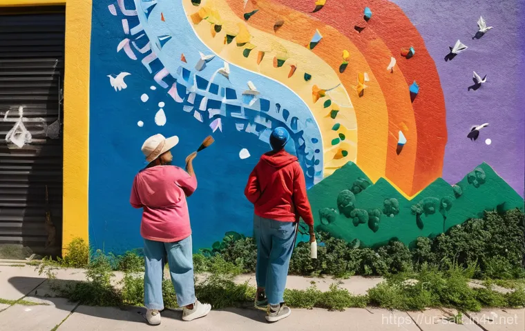 지하철 아트 공공미술의 정의 - **Prompt:** A powerful and thought-provoking mural displayed prominently inside a modern subway stat...