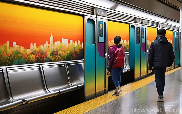 지하철 아트와 유행 - **"Vibrant Urban Canvas: Daily Commute Transformed"**
    A bustling subway station filled with a di...