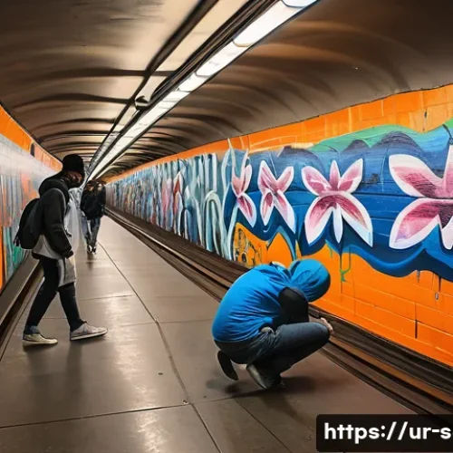 지하철 아트와 문화를 잇는 다리 - A dynamic, wide-angle shot inside a bustling subway tunnel, where a vibrant, large-scale mural is be...