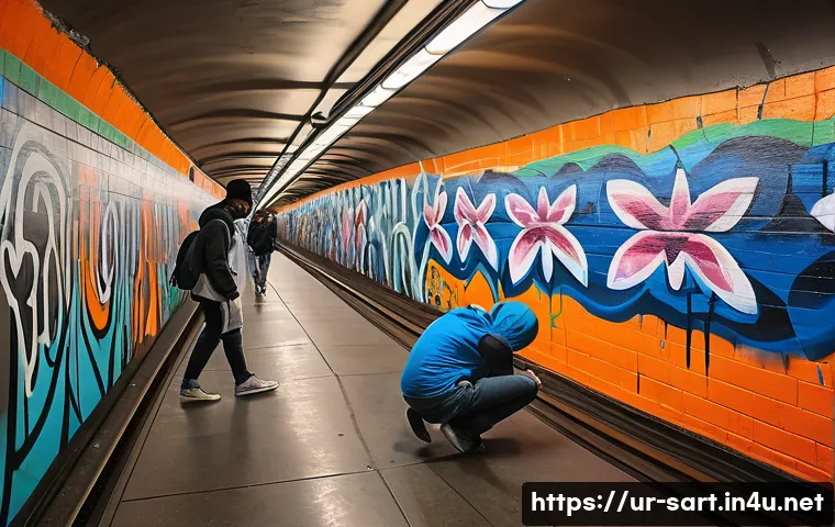지하철 아트와 문화를 잇는 다리 - A dynamic, wide-angle shot inside a bustling subway tunnel, where a vibrant, large-scale mural is be...