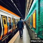 지하철 아트의 시각적 미학 - **Historical and Modern Fusion in a Subway Station:**
    A panoramic view inside a bustling, bright...