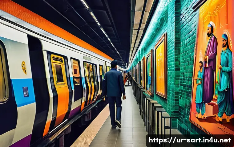 지하철 아트의 시각적 미학 - **Historical and Modern Fusion in a Subway Station:**
    A panoramic view inside a bustling, bright...