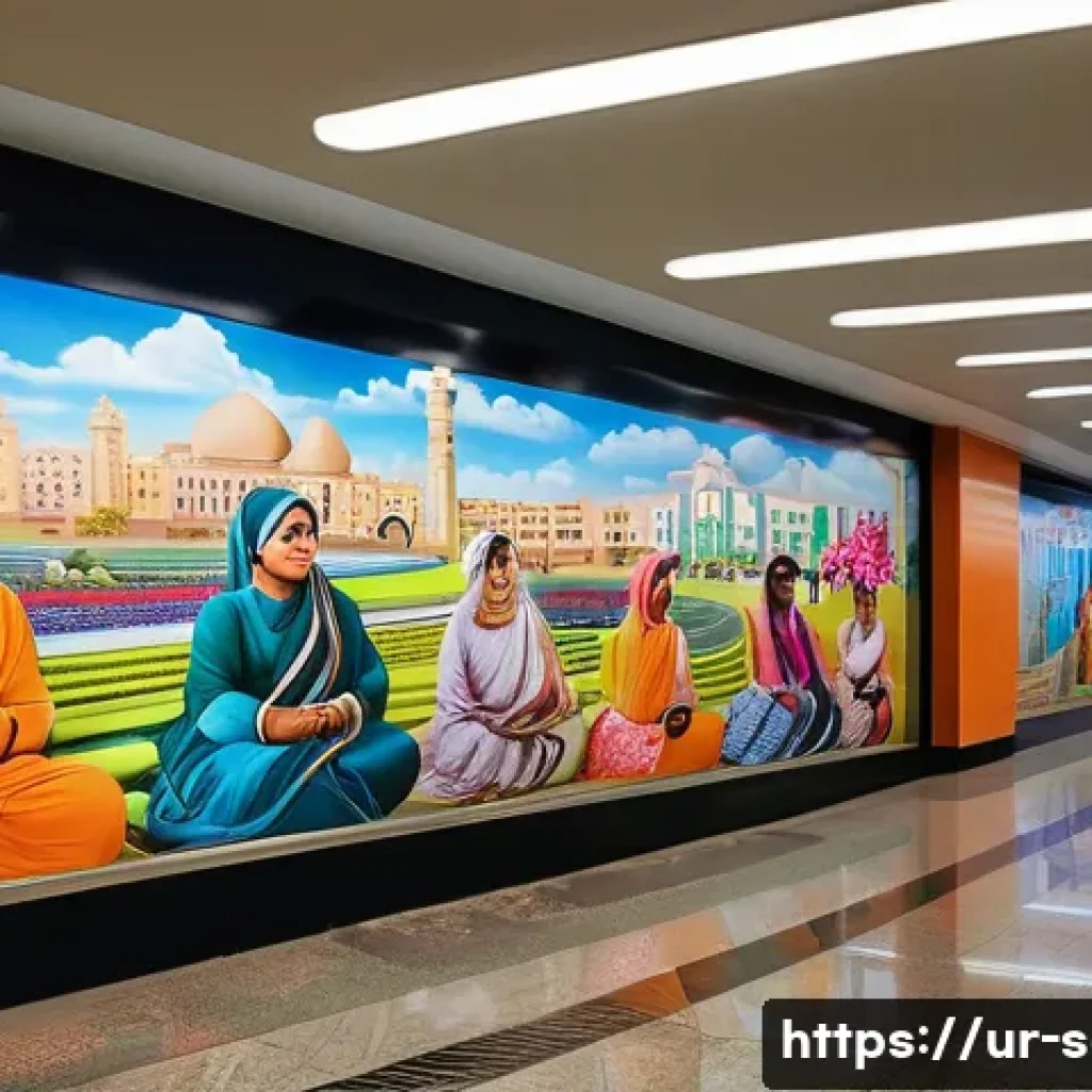 지하철 아트의 트렌드 변화 - A vibrant metro station interior in Karachi featuring large digital art installations on the walls, ...