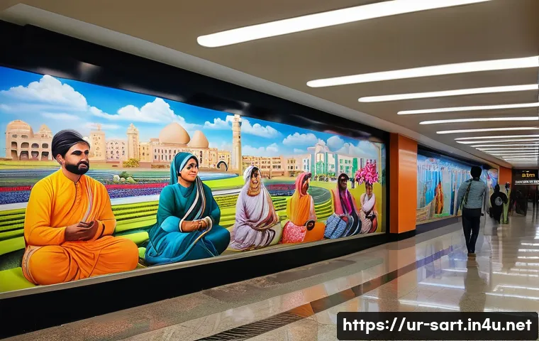 지하철 아트의 트렌드 변화 - A vibrant metro station interior in Karachi featuring large digital art installations on the walls, ...