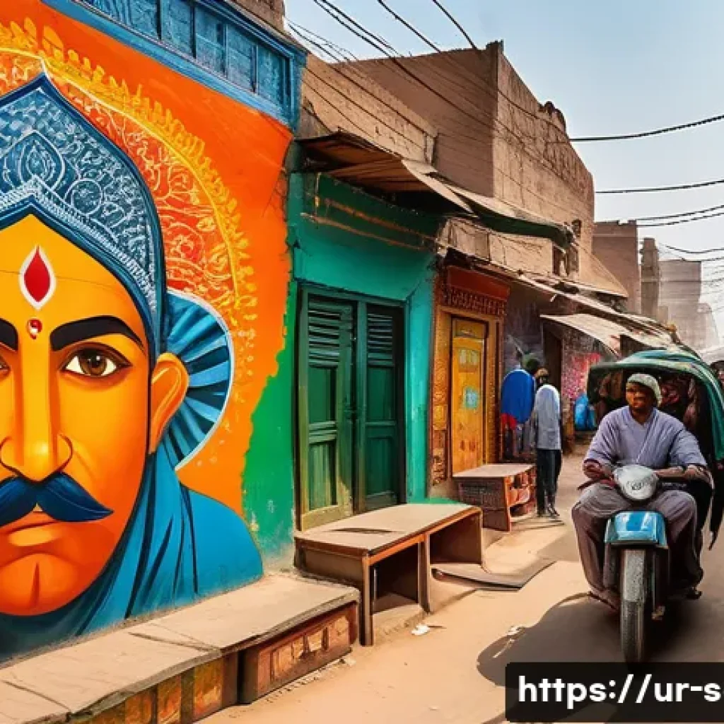지하철 아트와 시티투어 - A vibrant urban street scene in a Pakistani city featuring colorful murals and wall paintings that r...