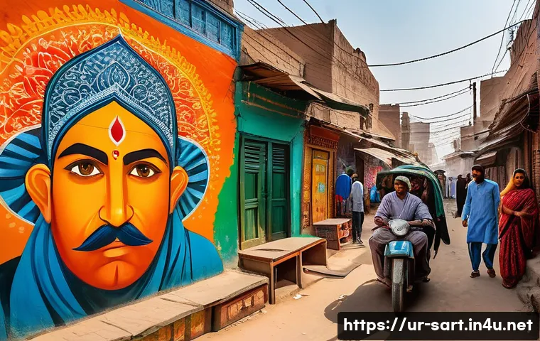 지하철 아트와 시티투어 - A vibrant urban street scene in a Pakistani city featuring colorful murals and wall paintings that r...