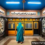 지하철 아트 작품의 변천사 - A vibrant metro station interior in Lahore, Pakistan, featuring traditional Urdu calligraphy murals ...