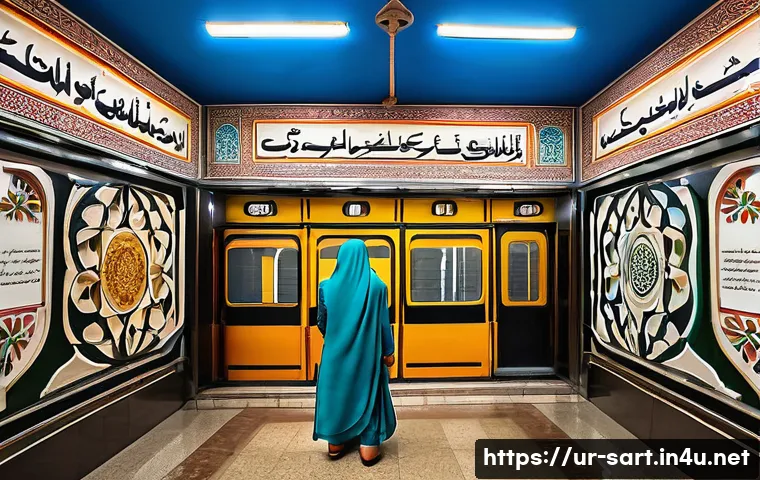 지하철 아트 작품의 변천사 - A vibrant metro station interior in Lahore, Pakistan, featuring traditional Urdu calligraphy murals ...