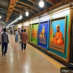 지하철 아트 프로젝트 - A vibrant metro station interior in Karachi featuring large-scale murals depicting daily life of loc...