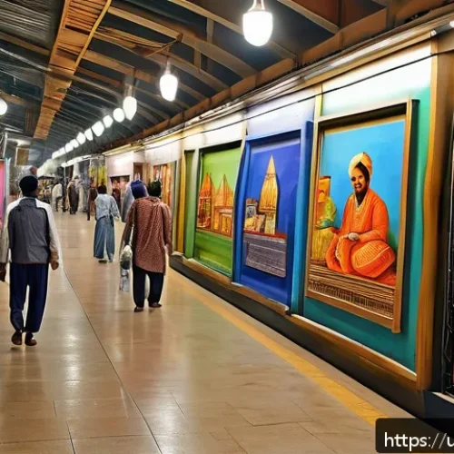 지하철 아트 프로젝트 - A vibrant metro station interior in Karachi featuring large-scale murals depicting daily life of loc...