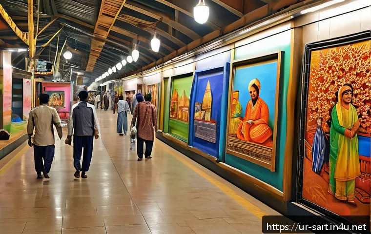 지하철 아트 프로젝트 - A vibrant metro station interior in Karachi featuring large-scale murals depicting daily life of loc...