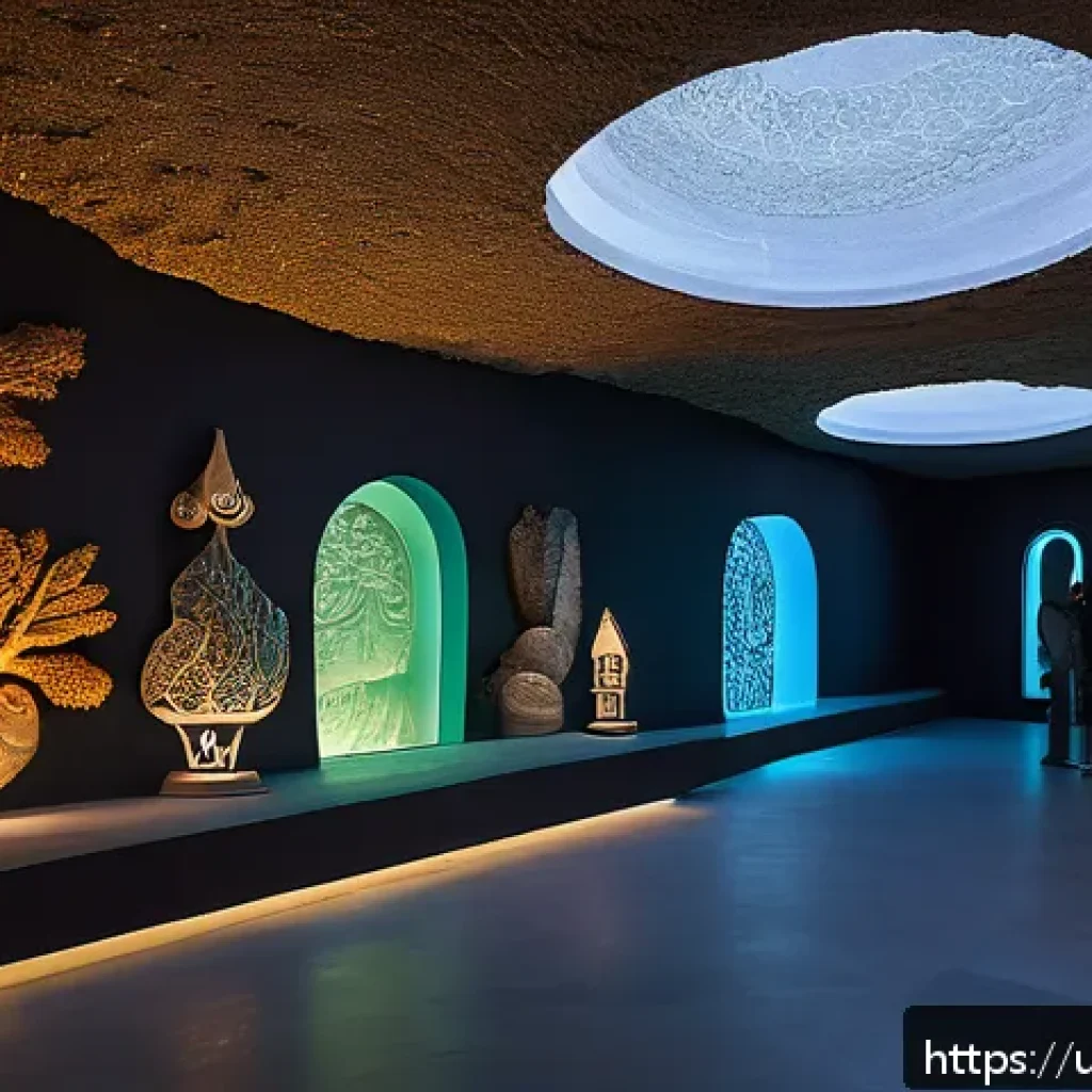지하철 아트와 기술 혁신 - A futuristic underground art museum in Pakistan, showcasing ancient cave paintings and stone carving...