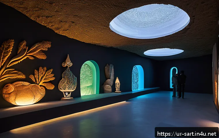 지하철 아트와 기술 혁신 - A futuristic underground art museum in Pakistan, showcasing ancient cave paintings and stone carving...