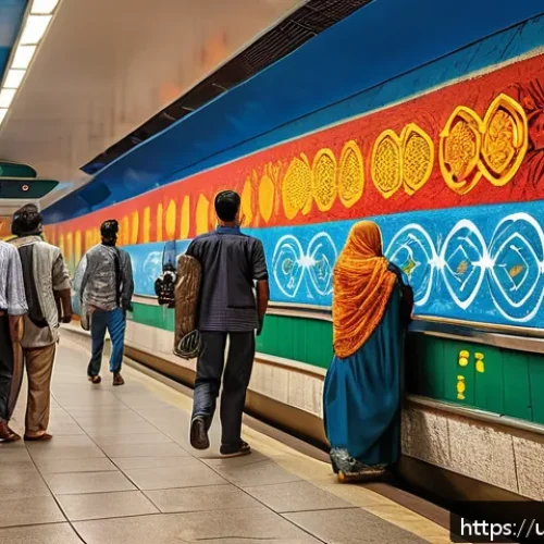 지하철 아트 작품 기획 - A vibrant metro station interior in Karachi featuring colorful graffiti and mosaic art that celebrat...