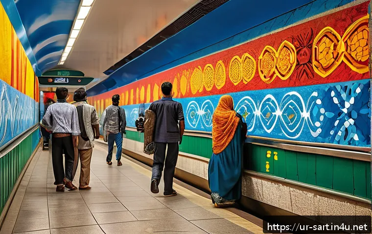 지하철 아트 작품 기획 - A vibrant metro station interior in Karachi featuring colorful graffiti and mosaic art that celebrat...