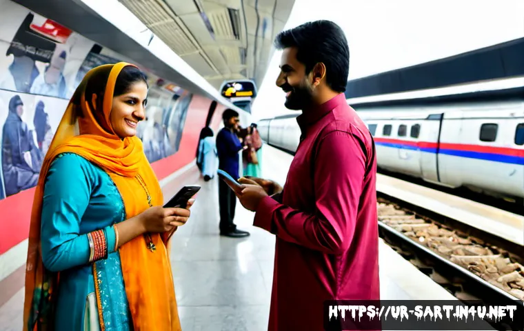 지하철 아트와 사람들의 반응 - Photorealistic modern Lahore metro station, a large vibrant abstract mural without any letters or sy...
