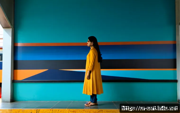 지하철 아트와 컬러 테라피 - Photorealistic modern subway station in Lahore, a calm South Asian commuter in modest everyday cloth...
